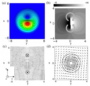 Bound states of vortex-antivortex excitations in coherently-coupled spinor Bose-Einstein condensates: The binding energy linearly proportional to the size of the excitation, and the fact that vortices exist only as bound vortex-antivortex states, allow to establish analogies with color confinement in QCD. From "Vortex Molecules in Coherently Coupled Two-Component Bose-Einstein Condensates", K. Kasamatsu et al., Phys. Rev. Lett. 93, 250406 (2004)