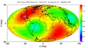 Map of the sensitivity of the Gravitational Wave network of detectors (white marks in the map)