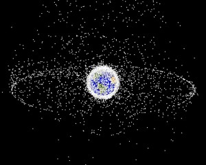 The principal space debris populations includes an outer ring of objects in geostationary orbit  and a cloud of objects in low Earth orbit.